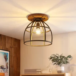 Lindby plafondspot Rutger, Ø 34 cm, hout, kooi, E27