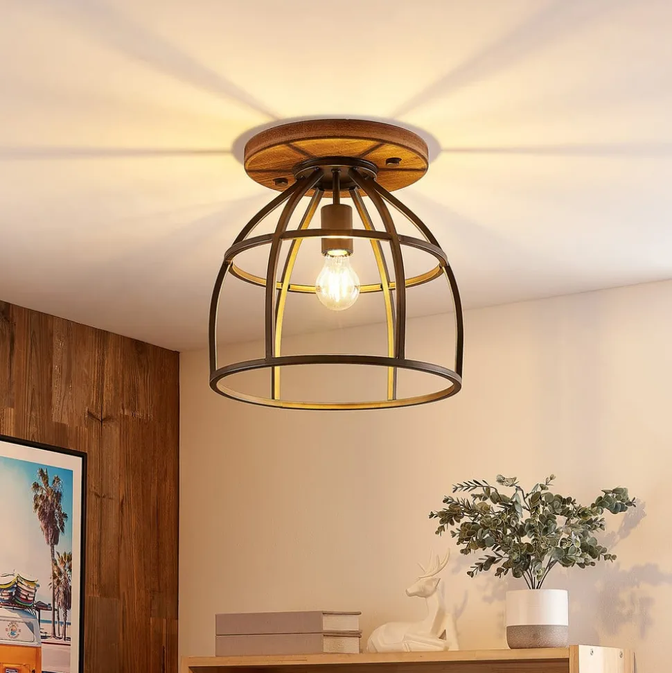 Lindby plafondspot Rutger, Ø 34 cm, hout, kooi, E27