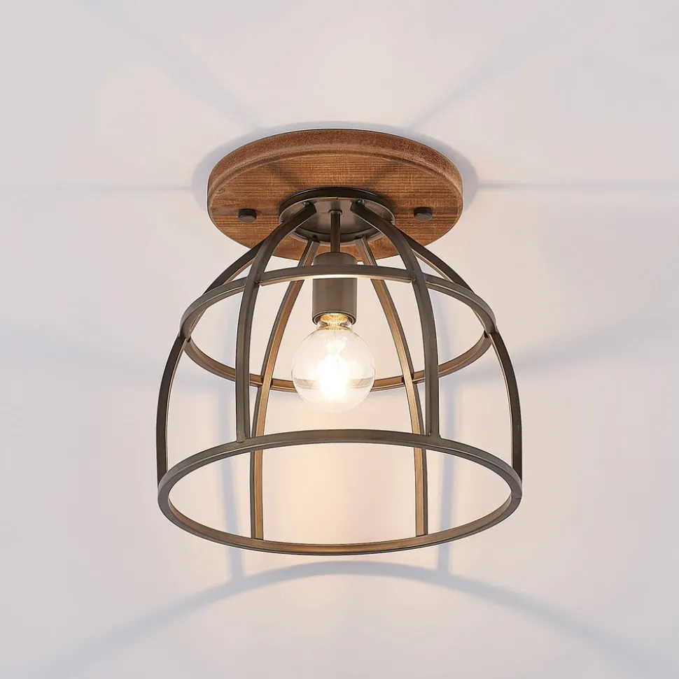 Lindby plafondspot Rutger, Ø 34 cm, hout, kooi, E27