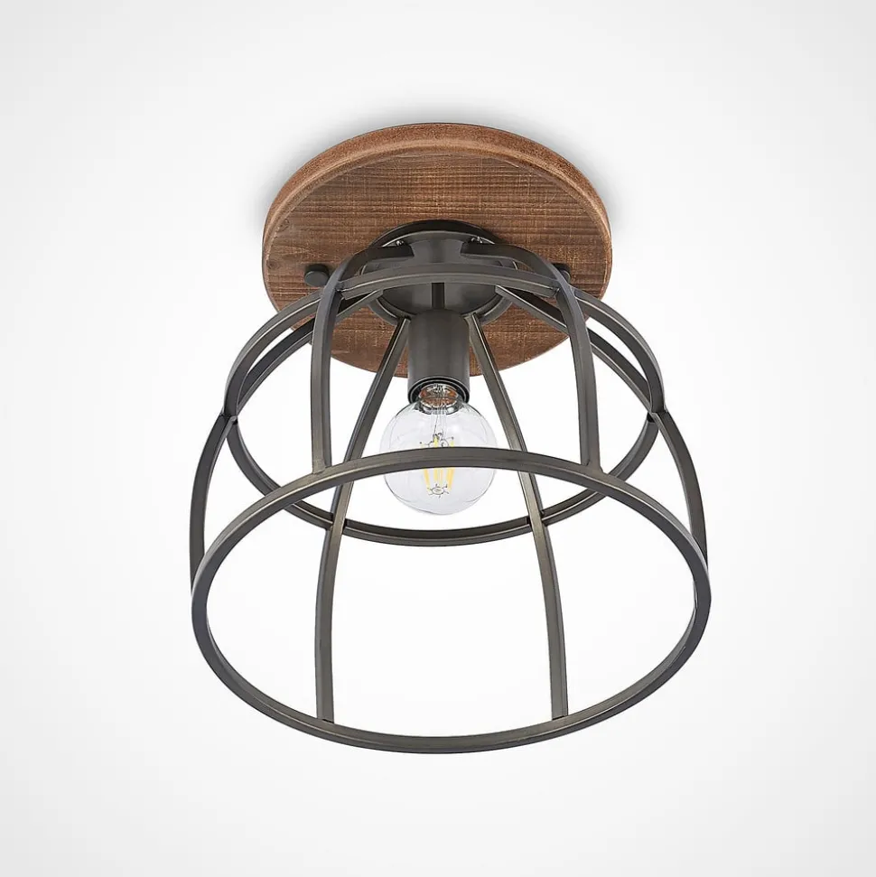 Lindby plafondspot Rutger, Ø 34 cm, hout, kooi, E27