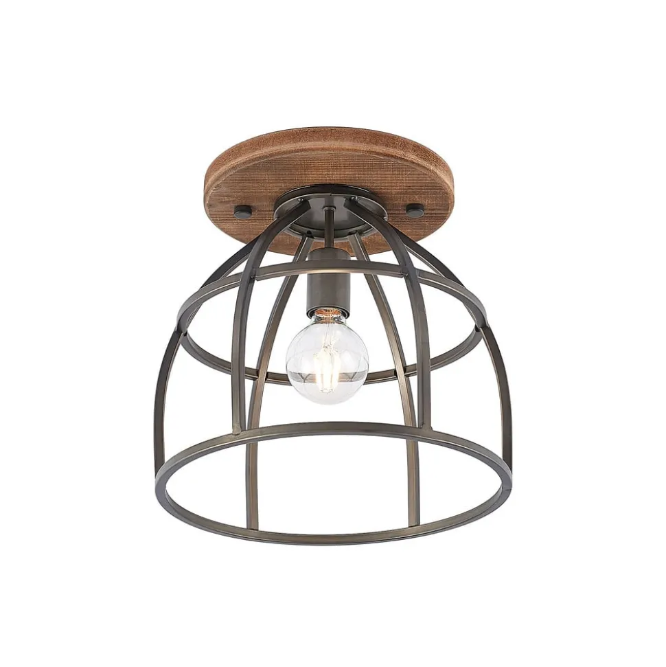 Lindby plafondspot Rutger, Ø 34 cm, hout, kooi, E27