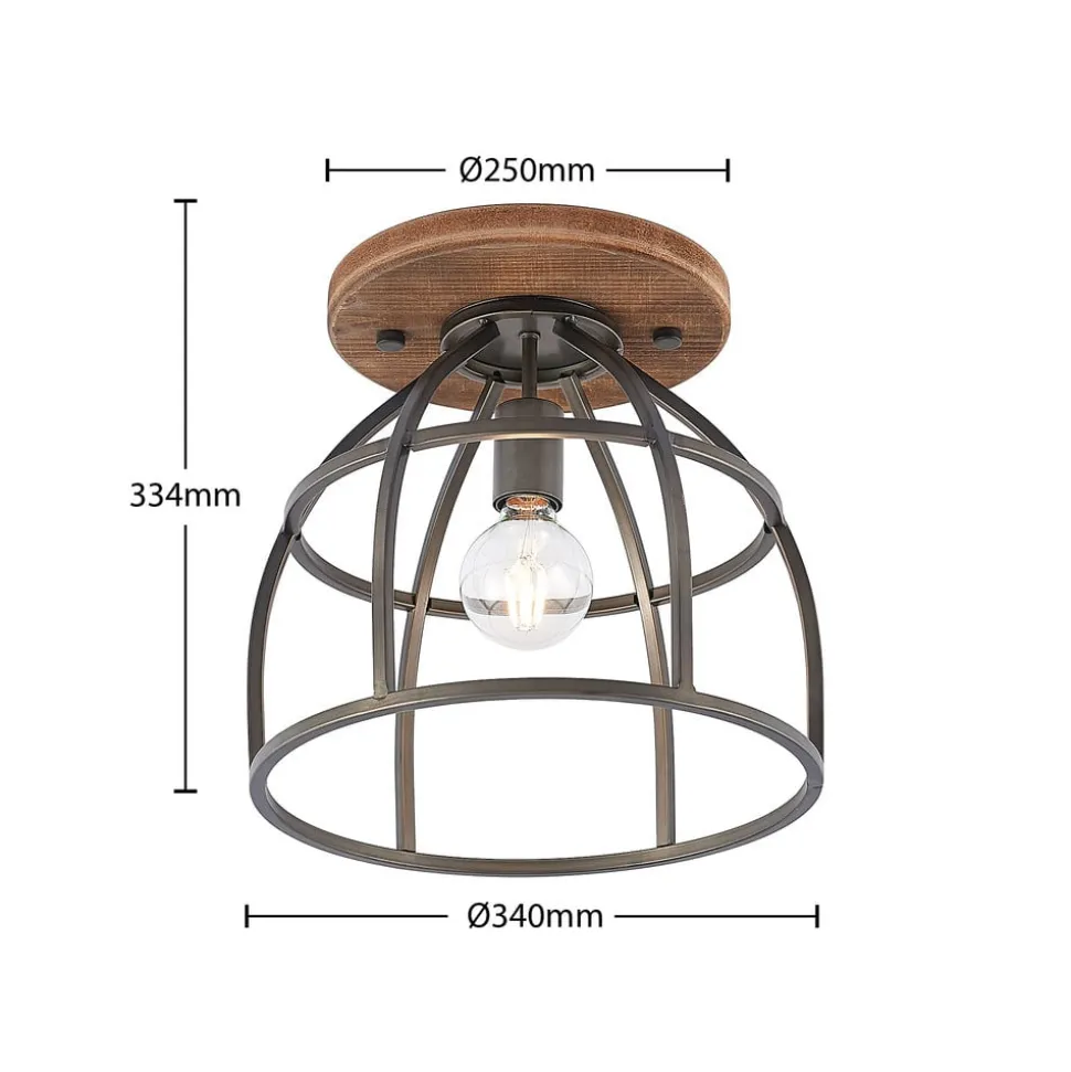 Lindby plafondspot Rutger, Ø 34 cm, hout, kooi, E27