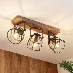 Lindby plafondspot Rutger, 52cm, 3-lamps, hout, kooi, E14
