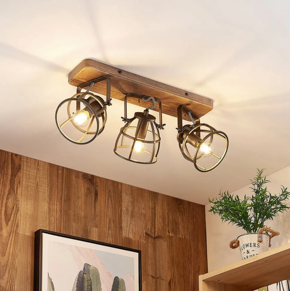 Lindby plafondspot Rutger, 52cm, 3-lamps, hout, kooi, E14