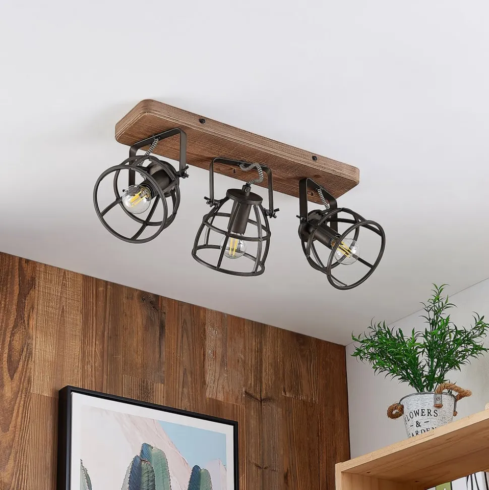 Lindby plafondspot Rutger, 52cm, 3-lamps, hout, kooi, E14