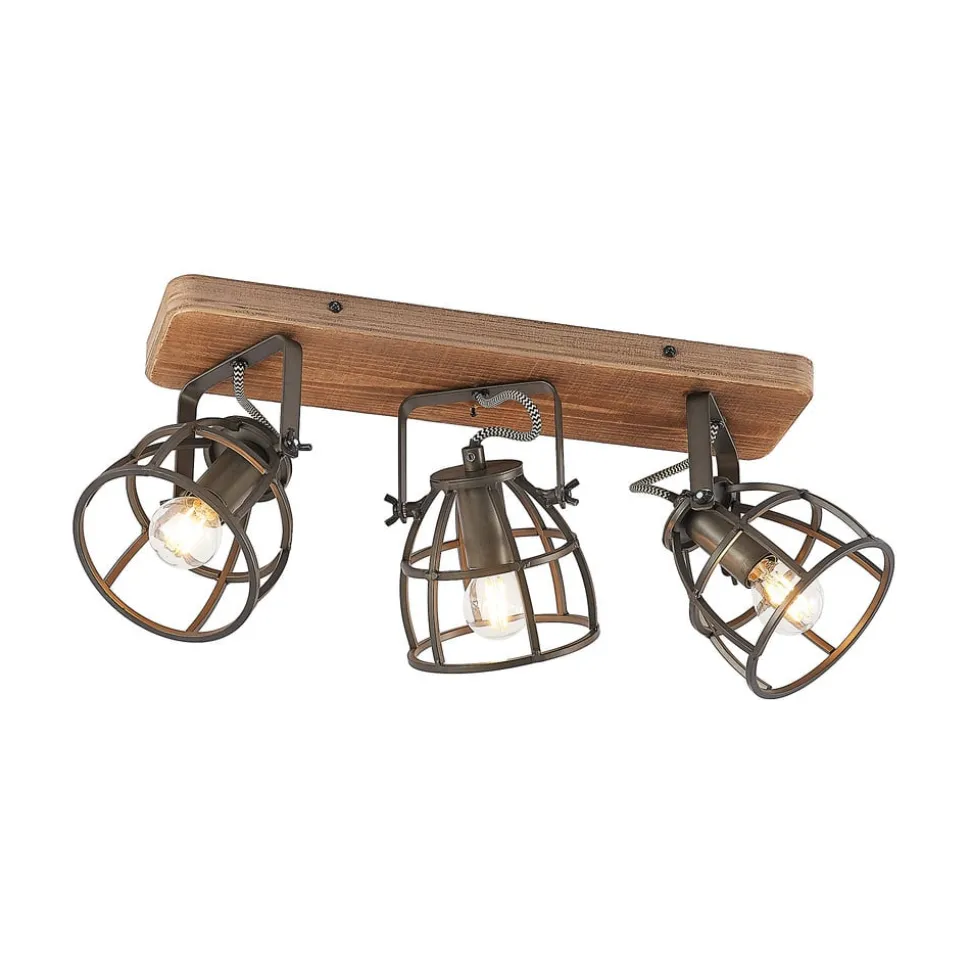 Lindby plafondspot Rutger, 52cm, 3-lamps, hout, kooi, E14
