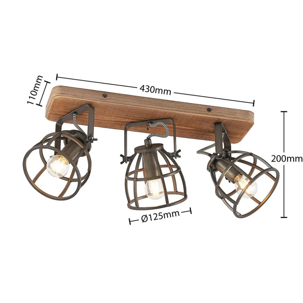Lindby plafondspot Rutger, 52cm, 3-lamps, hout, kooi, E14