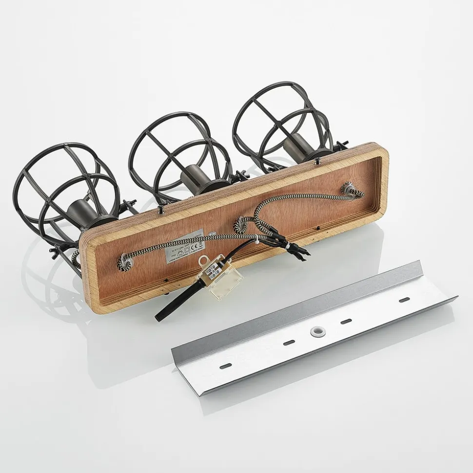 Lindby plafondspot Rutger, 52cm, 3-lamps, hout, kooi, E14