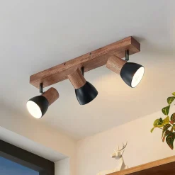 Lindby plafondspot Tonja, 3-lamps, 55 cm, hout, staal