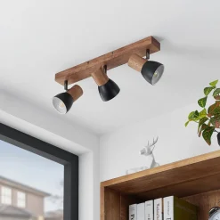 Lindby plafondspot Tonja, 3-lamps, 55 cm, hout, staal