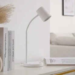 Lindby Radka tafellamp, wit, kunststof, GU10, flexibele arm