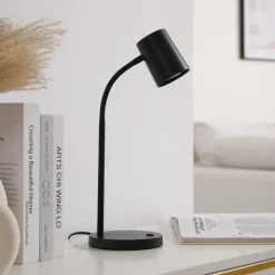 Lindby Radka tafellamp, zwart, kunststof, flexibele arm