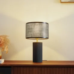 Lindby Sorscha tafellamp, zwart, ijzer, Ø 26 cm