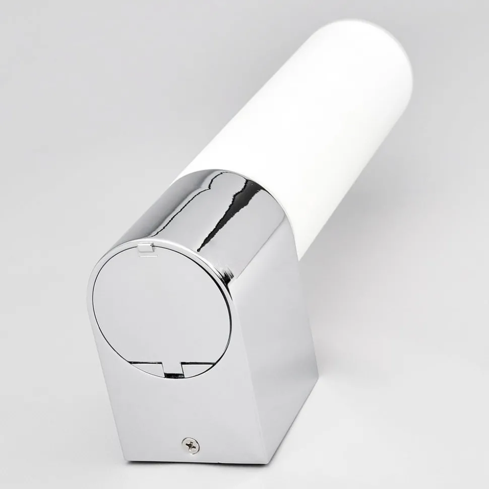 Lindby spiegellamp Melike, 27 cm, chroom, IP44, wandcontactdoos