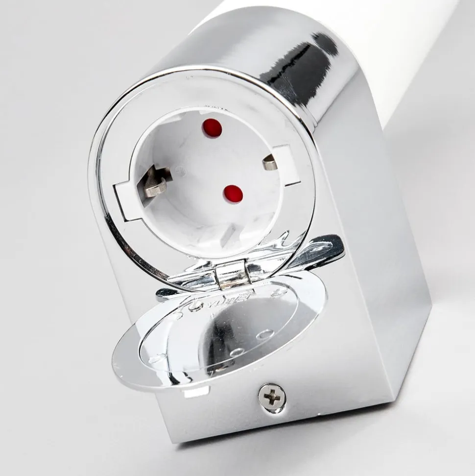 Lindby spiegellamp Melike, 27 cm, chroom, IP44, wandcontactdoos