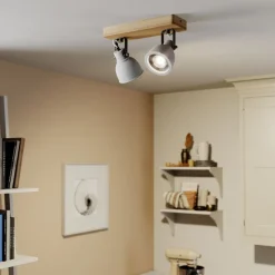 Lindby Spot Mitis, 30 cm, 2-lamps, grijs, hout, beton, GU10