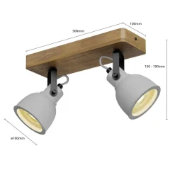 Lindby Spot Mitis, 30 cm, 2-lamps, grijs, hout, beton, GU10