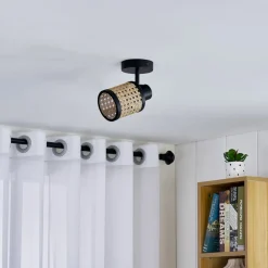 Lindby Spot Yaelle, Ø 10 cm, rotan, zwart, E27