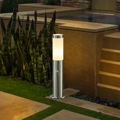 Lindby Statius sokkellamp, grijs, roestvrij staal, sensor, 45 cm