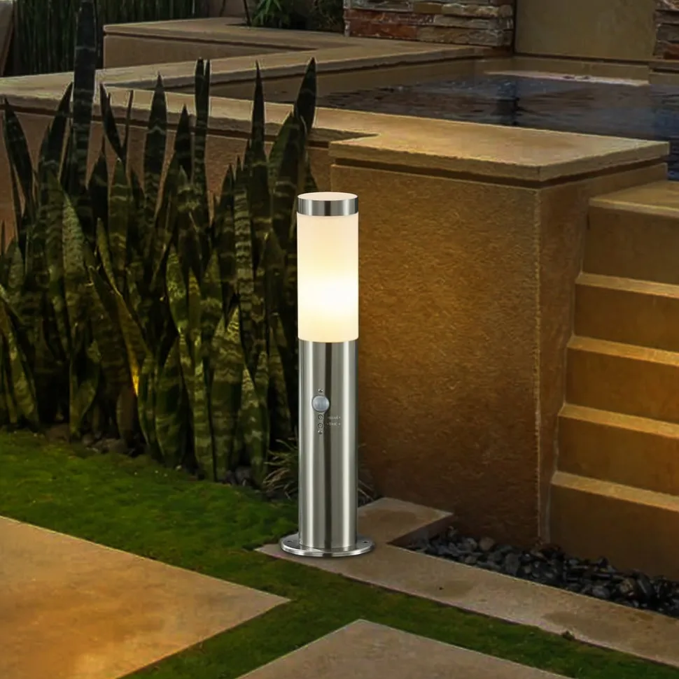 Lindby Statius sokkellamp, grijs, roestvrij staal, sensor, 45 cm