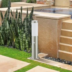 Lindby Statius sokkellamp, grijs, roestvrij staal, sensor, 45 cm