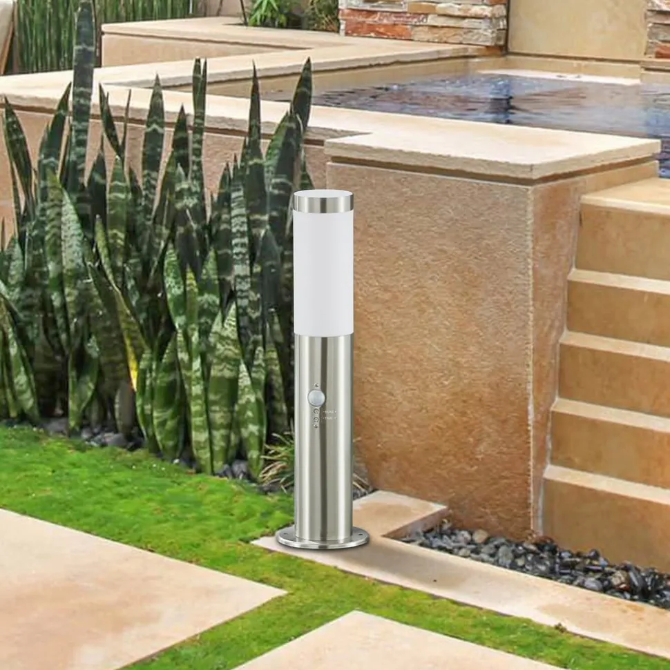 Lindby Statius sokkellamp, grijs, roestvrij staal, sensor, 45 cm