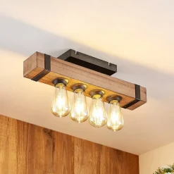 Lindby Sverina plafondlamp, 46 cm, bruin, hout, metaal