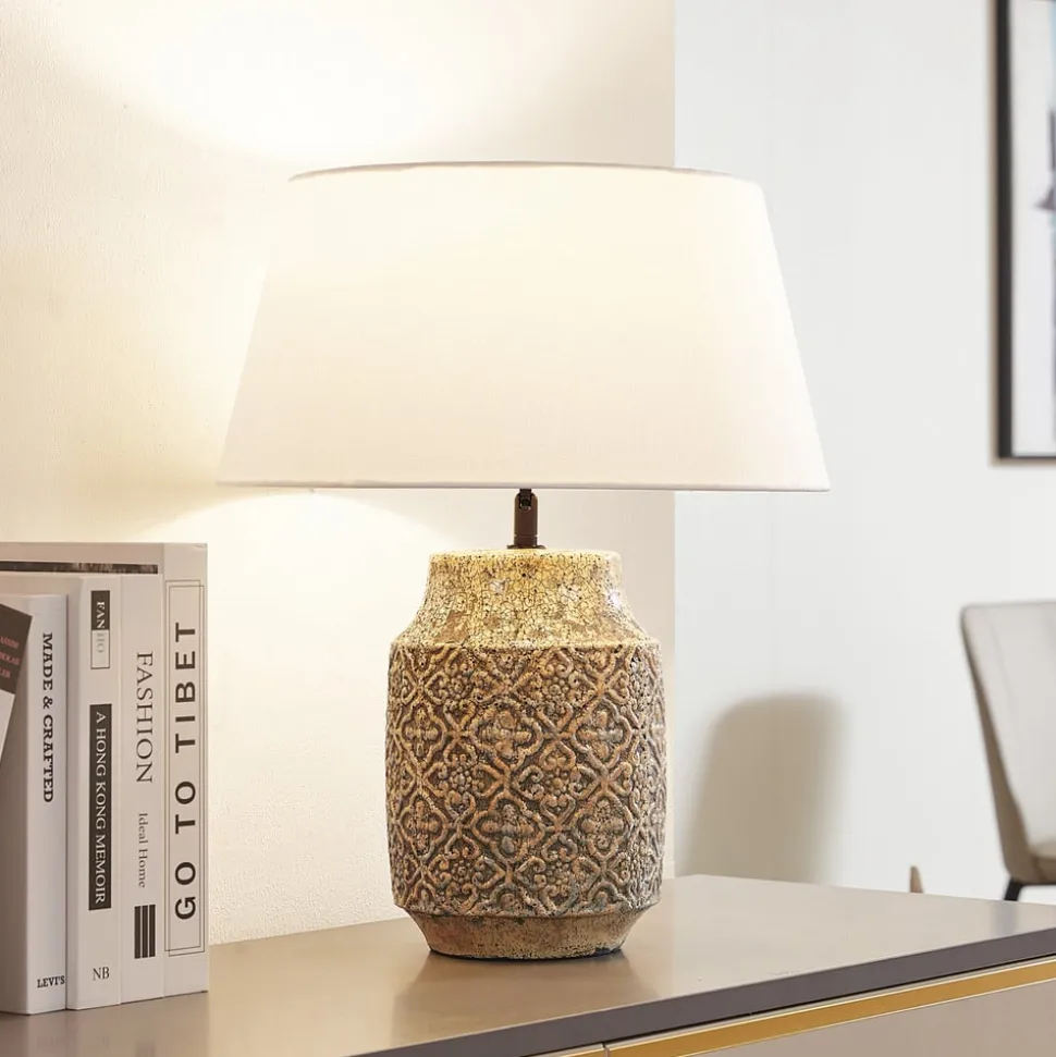 Lindby tafellamp Aelith, Ø 40 cm, bruin, keramiek, E27