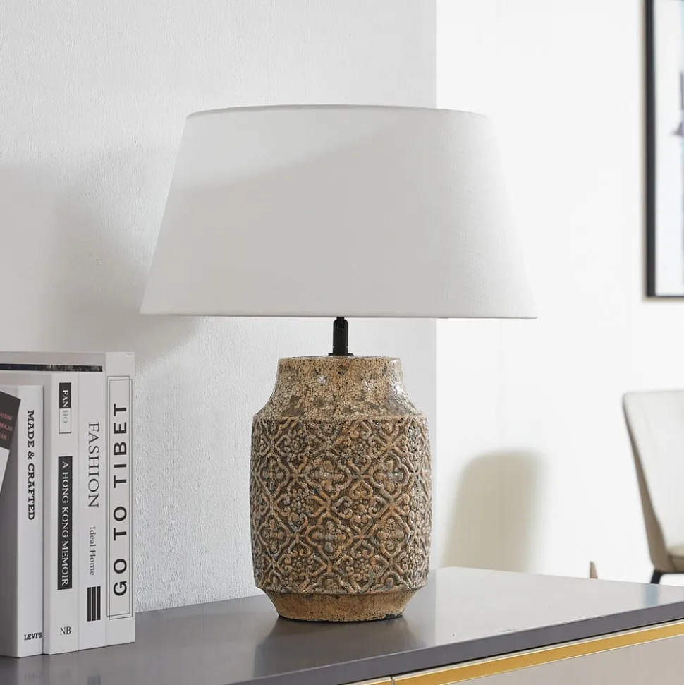 Lindby tafellamp Aelith, Ø 40 cm, bruin, keramiek, E27