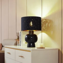 Lindby tafellamp Arved, zwart, textiel, keramiek, 46 cm