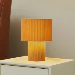 Lindby tafellamp Jone, lichtbruin, textiel, 30 cm hoog, E27