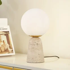 Lindby tafellamp Kirstan, beige, wit, glas, steen, 33 cm