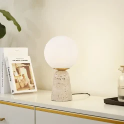 Lindby tafellamp Kirstan, beige, wit, glas, steen, 33 cm