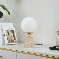 Lindby tafellamp Kirstan, beige, wit, glas, steen, 33 cm