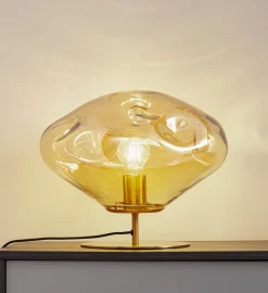 Lindby tafellamp Lelia, amber, glas, metaal, Ø 35 cm