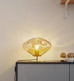 Lindby tafellamp Lelia, amber, glas, metaal, Ø 35 cm