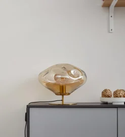 Lindby tafellamp Lelia, amber, glas, metaal, Ø 35 cm