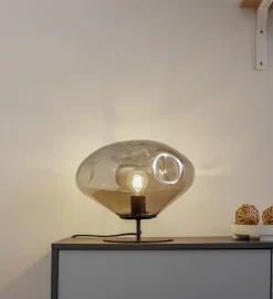 Lindby tafellamp Lelia, rookgrijs, glas, metaal, Ø 35 cm