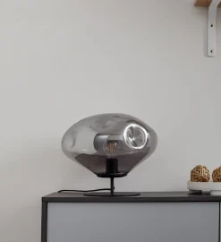 Lindby tafellamp Lelia, rookgrijs, glas, metaal, Ø 35 cm