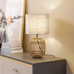Lindby tafellamp Marzanna, grijs, bamboe, 42,5 cm, E27