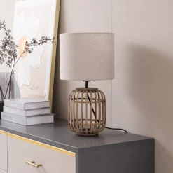 Lindby tafellamp Marzanna, grijs, bamboe, 42,5 cm, E27