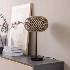 Lindby tafellamp Nerys, zwart, bamboe, Ø 28 cm