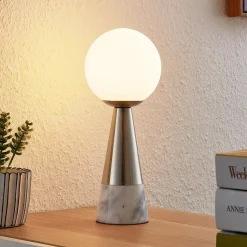 Lindby tafellamp Noana, mat nikkel, opaalglas/marmer