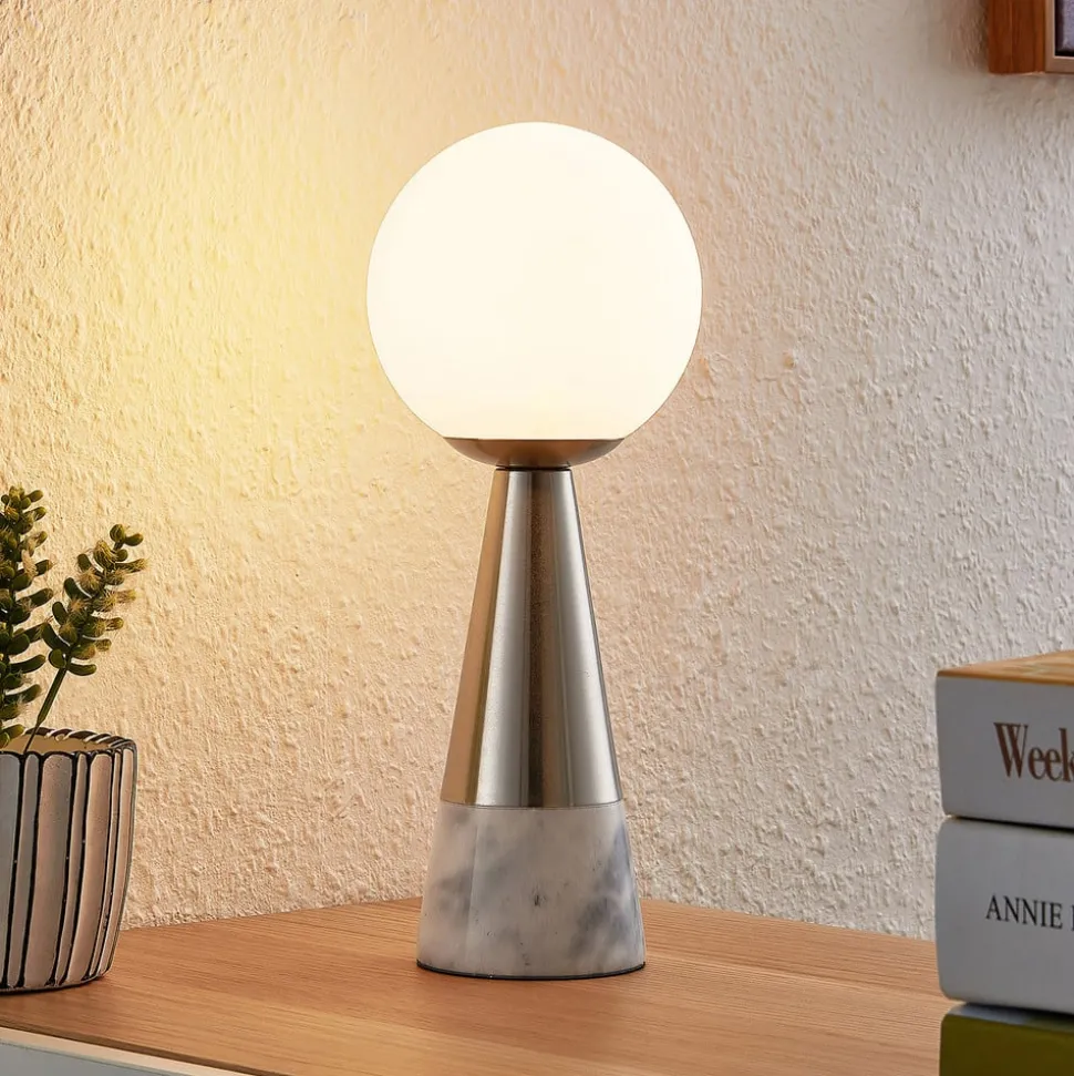 Lindby tafellamp Noana, mat nikkel, opaalglas/marmer