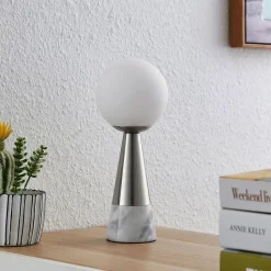 Lindby tafellamp Noana, mat nikkel, opaalglas/marmer