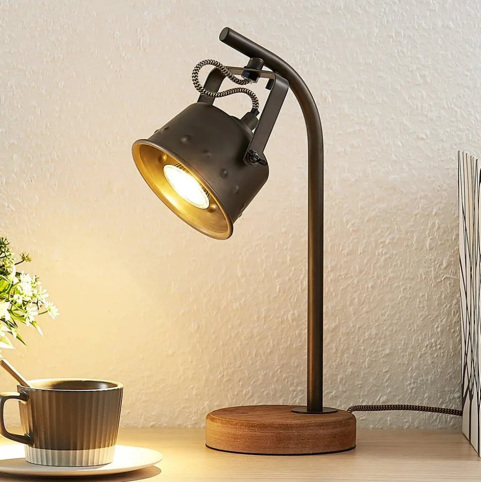 Lindby tafellamp Rubinjo, 37cm, zwart, hout, metaal, GU10