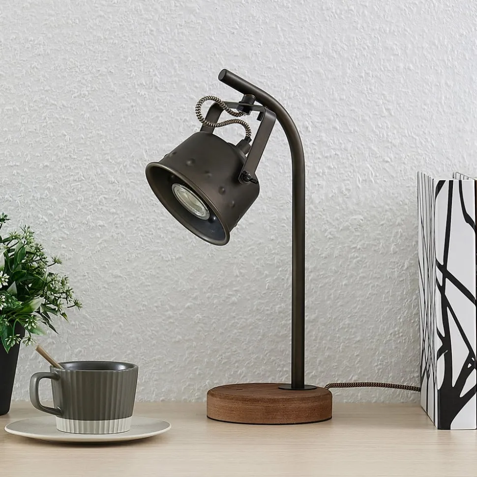 Lindby tafellamp Rubinjo, 37cm, zwart, hout, metaal, GU10