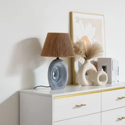 Lindby tafellamp Seasur, blauw-grijs, keramiek, papier, 29cm