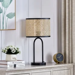 Lindby tafellamp Yaelle, 50 cm hoog, rotan, zwart, E27