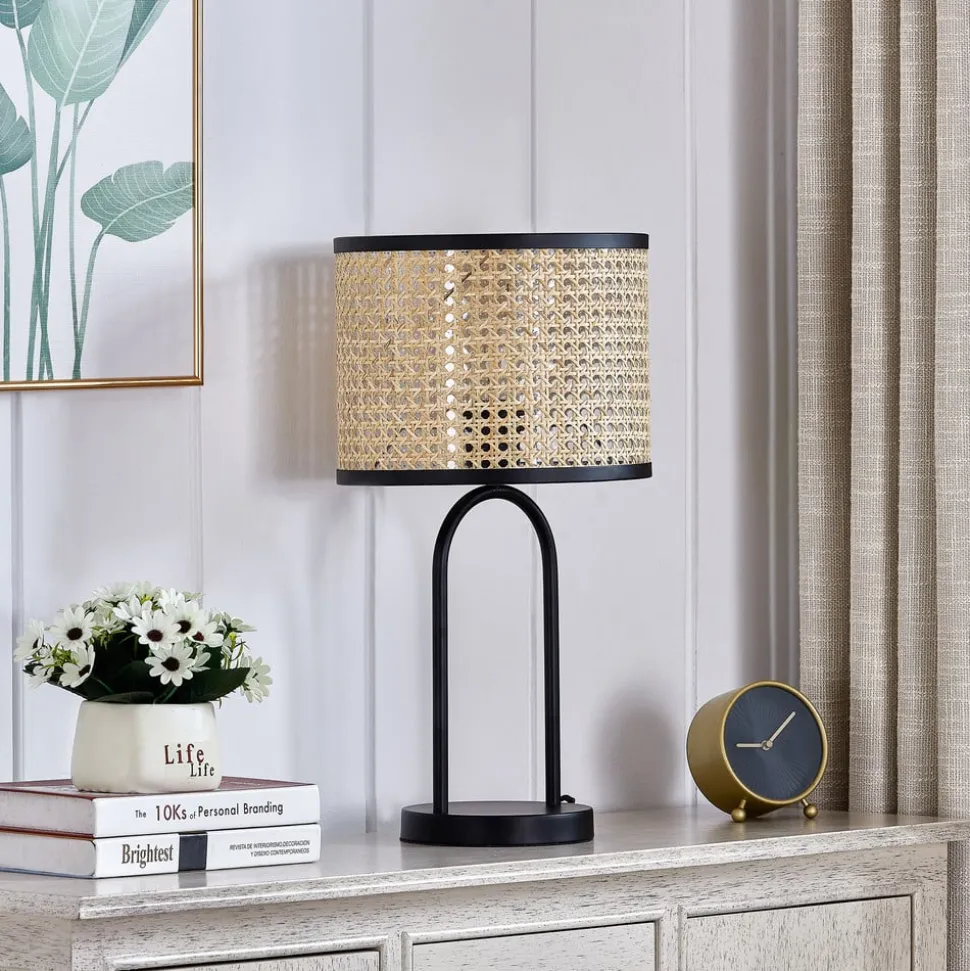 Lindby tafellamp Yaelle, 50 cm hoog, rotan, zwart, E27